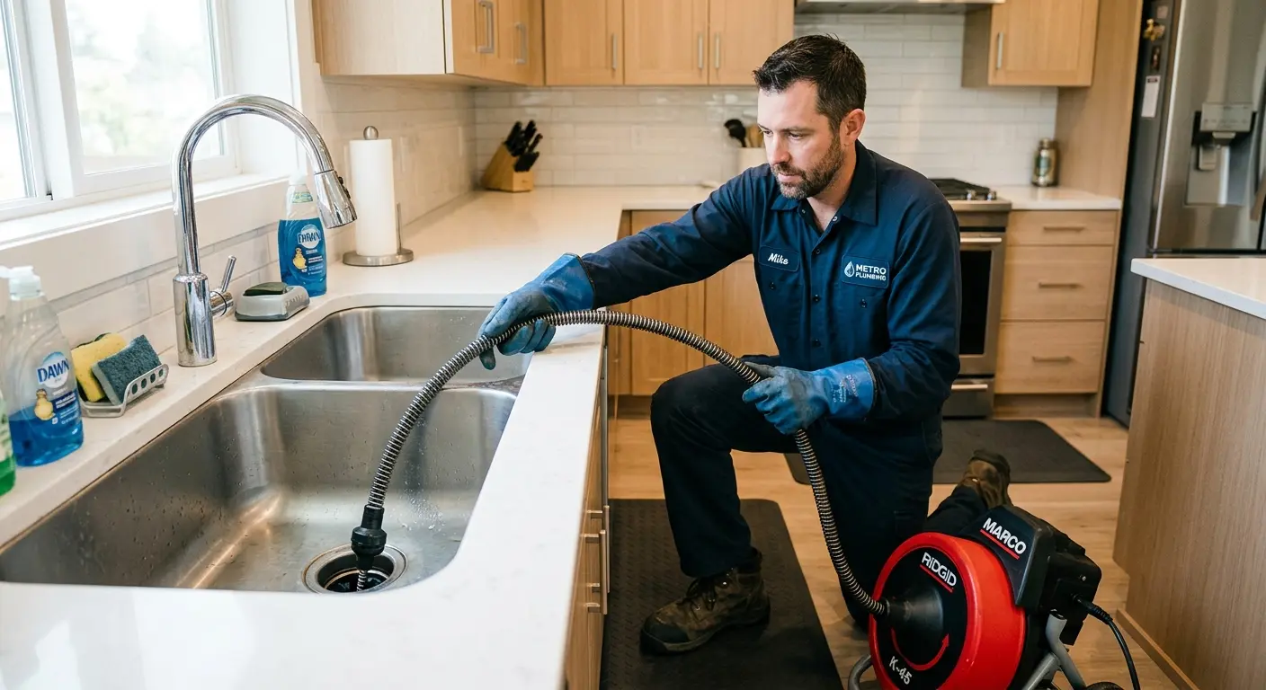 Drain cleaning technician using a motorized snake on a kitchen sink in Sheridan