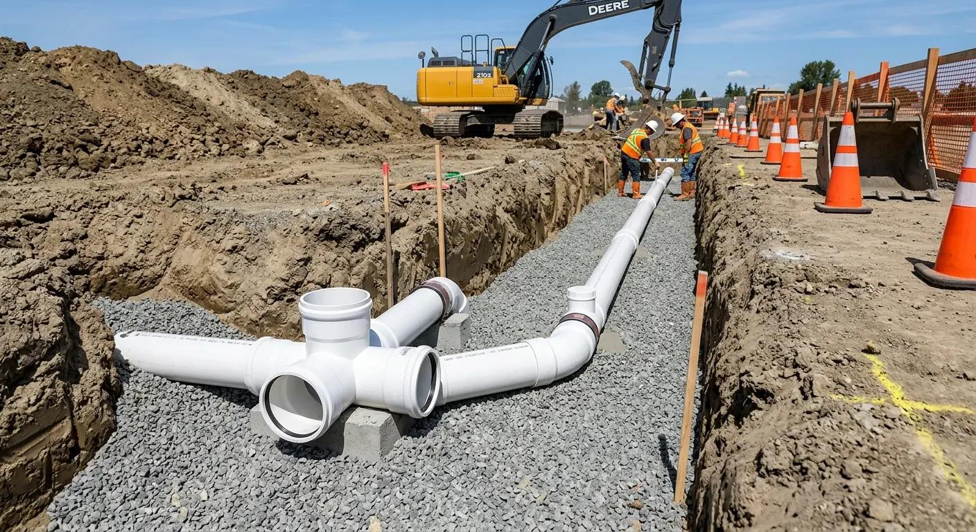 New PVC sewer pipe installation in open trench for Commercial Drain Cleaning in Sheridan