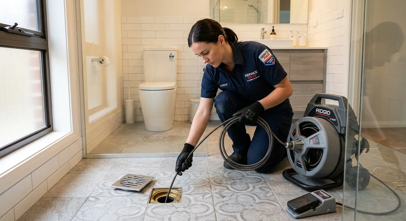 Technician clearing a bathroom floor drain for Clogged Drain Repair in Sheridan